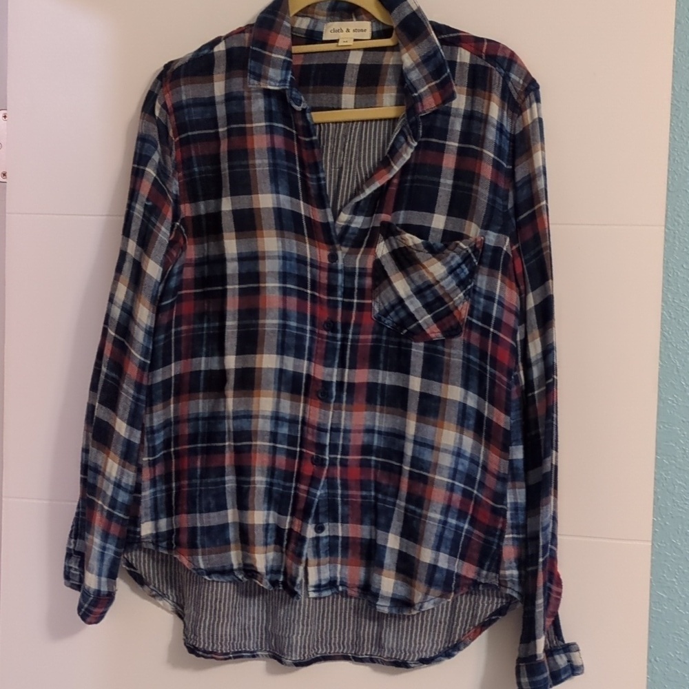 Anthropology X Cloth&Stone Distressed Flannel Plaid Button-Up Boho Casual Shirt
